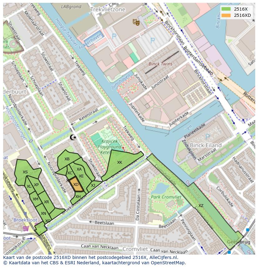 Afbeelding van het postcodegebied 2516 XD op de kaart.