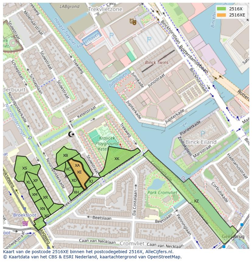 Afbeelding van het postcodegebied 2516 XE op de kaart.