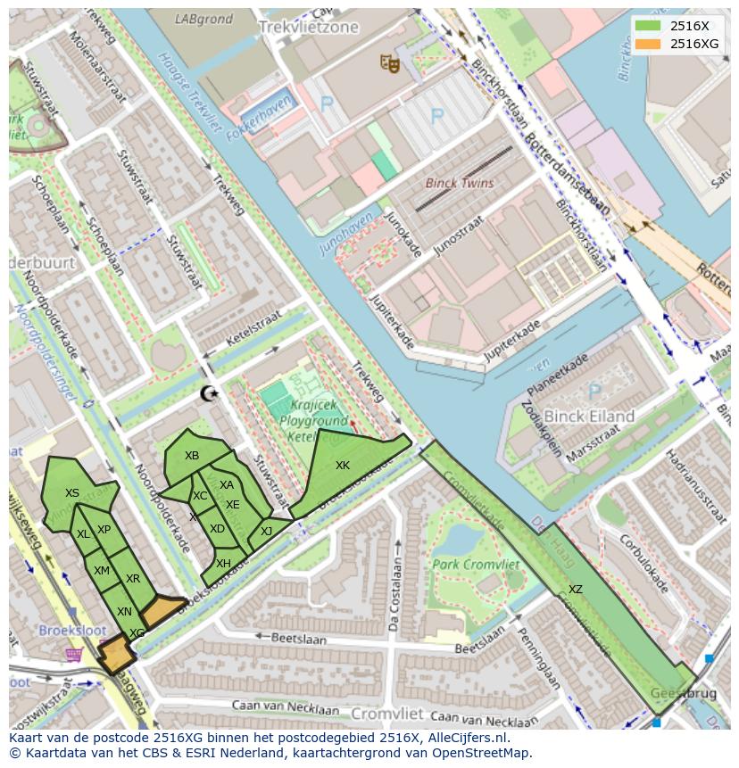 Afbeelding van het postcodegebied 2516 XG op de kaart.