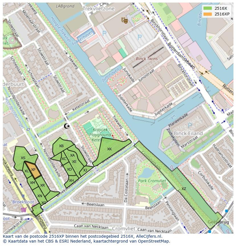 Afbeelding van het postcodegebied 2516 XP op de kaart.