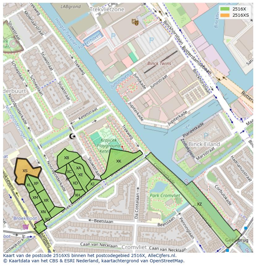 Afbeelding van het postcodegebied 2516 XS op de kaart.