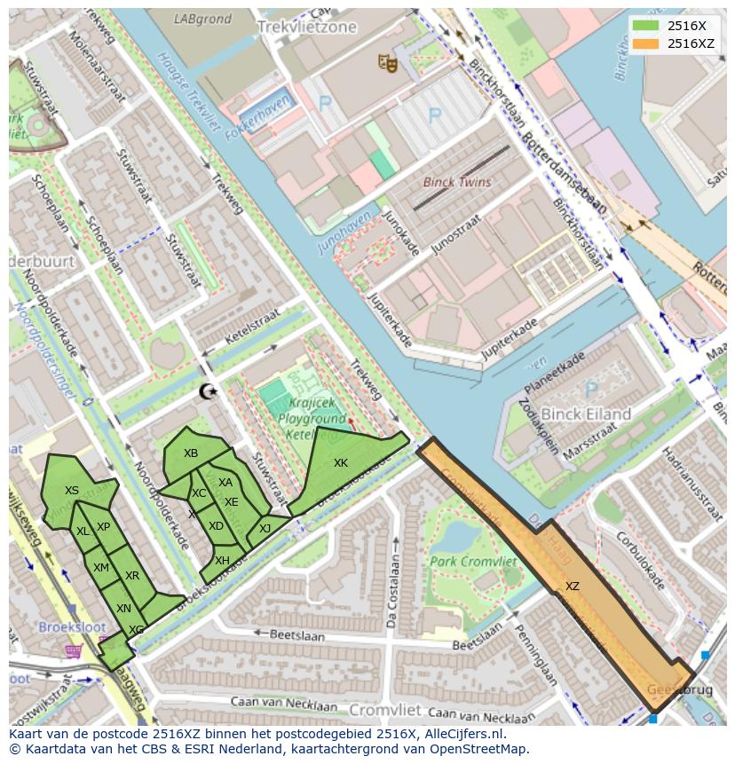 Afbeelding van het postcodegebied 2516 XZ op de kaart.