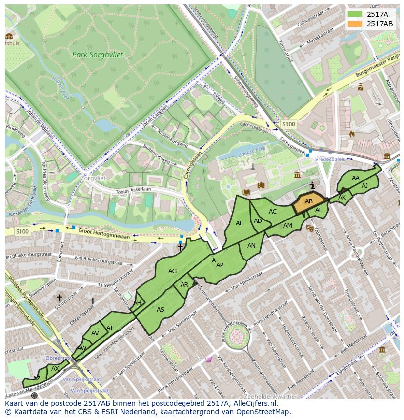 Afbeelding van het postcodegebied 2517 AB op de kaart.