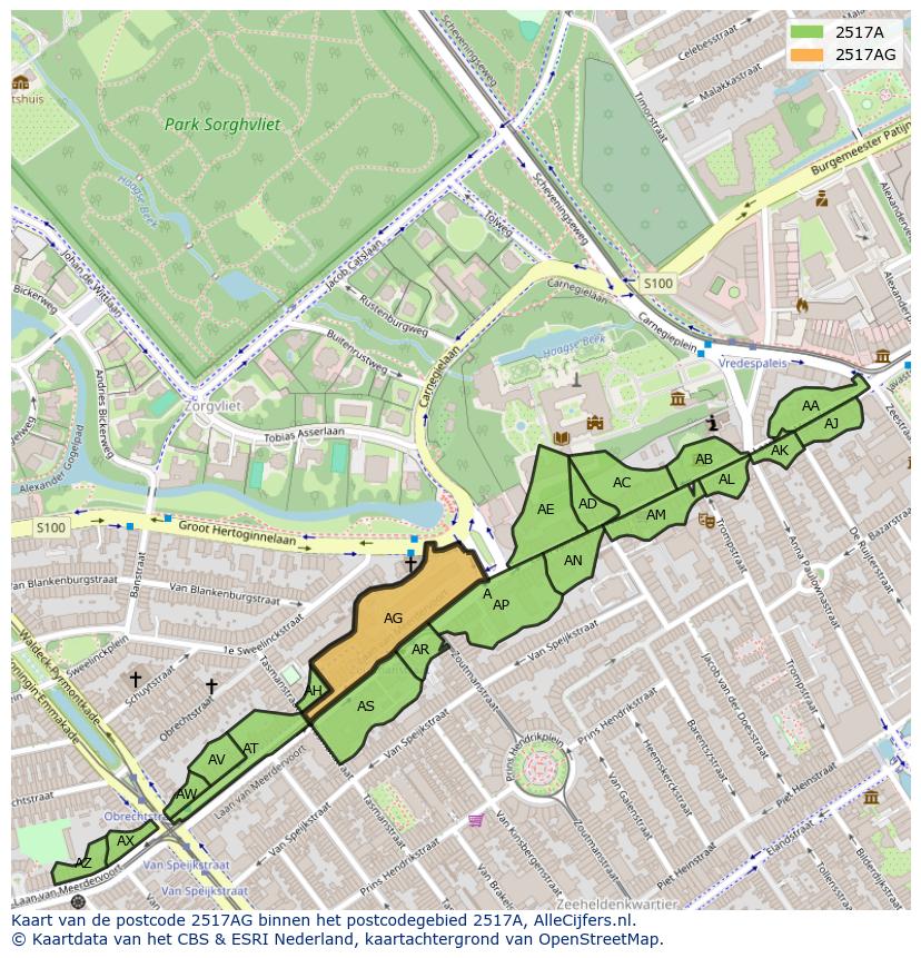Afbeelding van het postcodegebied 2517 AG op de kaart.
