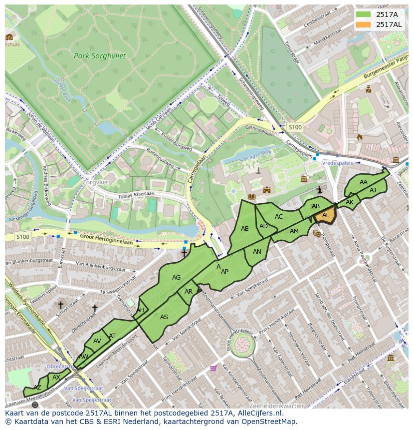 Afbeelding van het postcodegebied 2517 AL op de kaart.