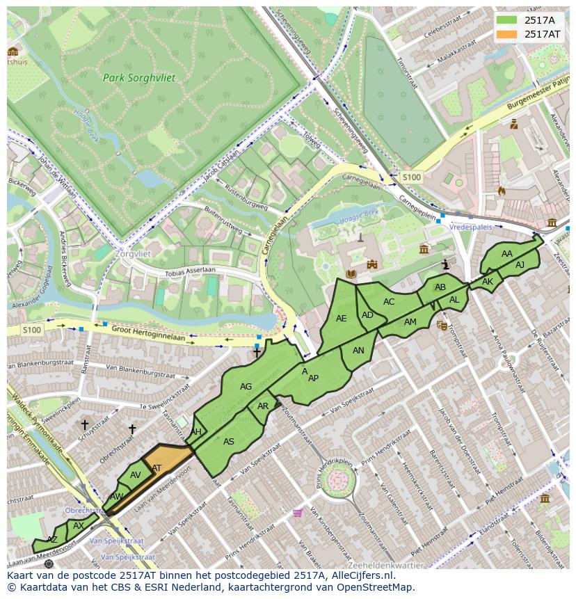 Afbeelding van het postcodegebied 2517 AT op de kaart.