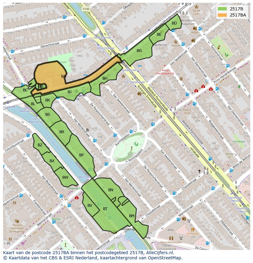 Afbeelding van het postcodegebied 2517 BA op de kaart.