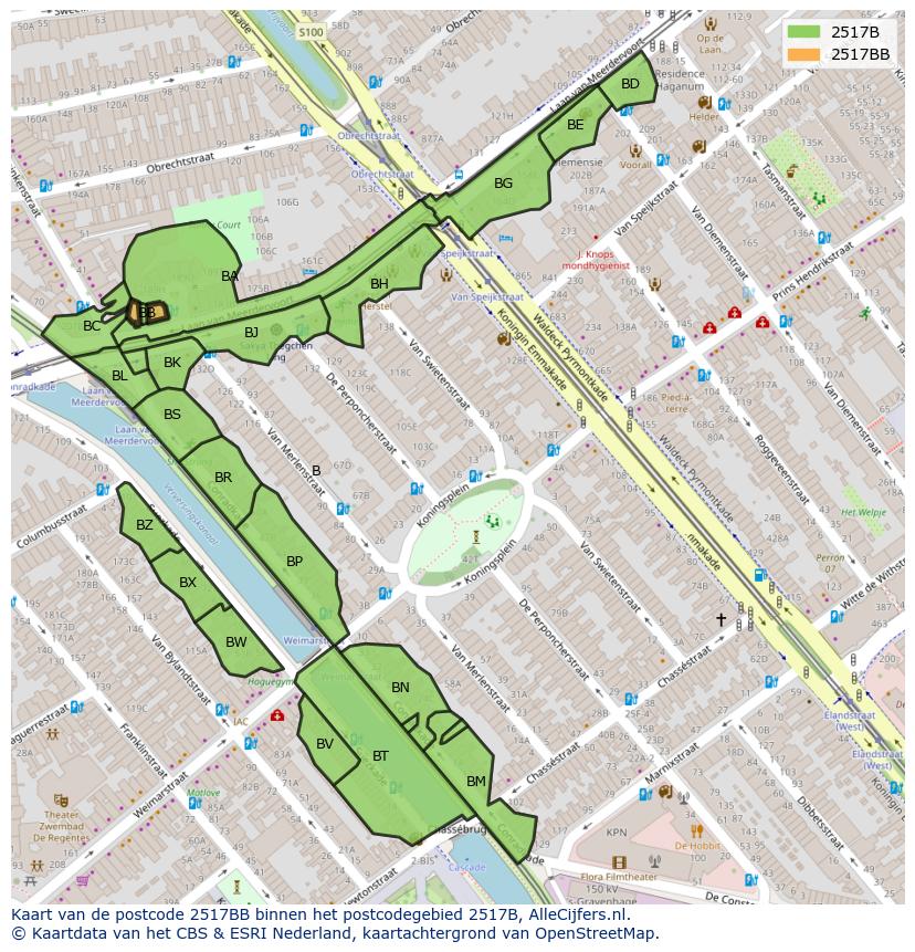 Afbeelding van het postcodegebied 2517 BB op de kaart.