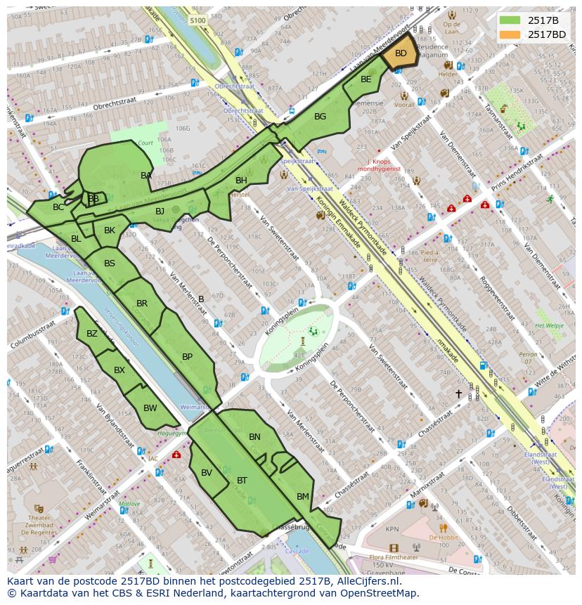 Afbeelding van het postcodegebied 2517 BD op de kaart.