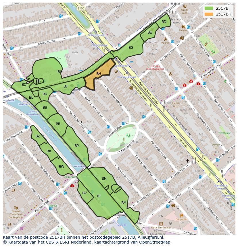Afbeelding van het postcodegebied 2517 BH op de kaart.