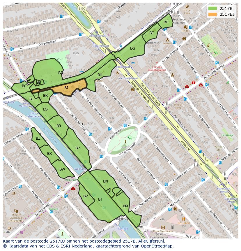 Afbeelding van het postcodegebied 2517 BJ op de kaart.