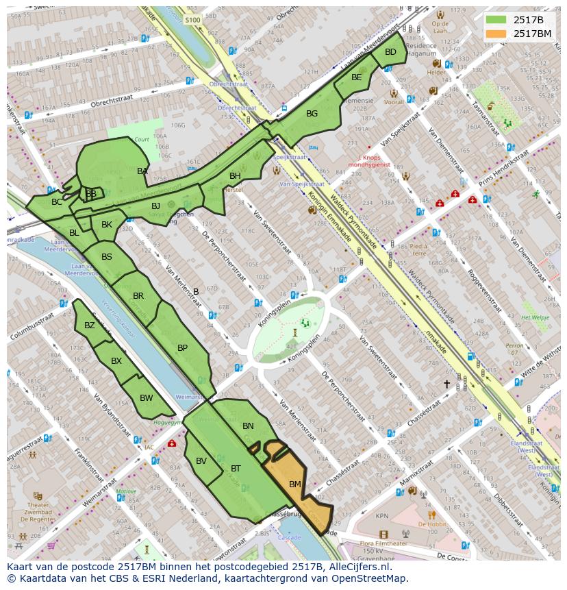 Afbeelding van het postcodegebied 2517 BM op de kaart.