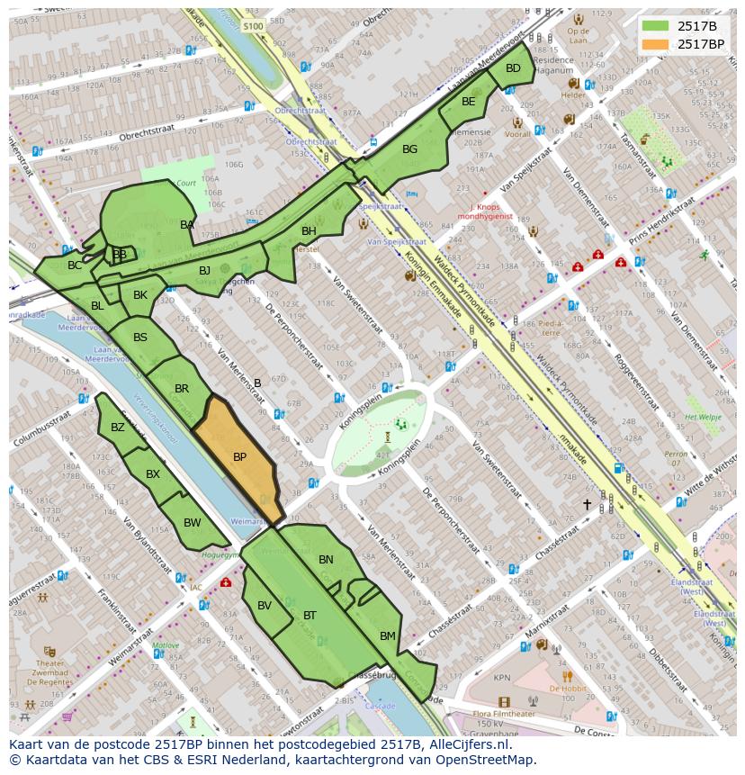 Afbeelding van het postcodegebied 2517 BP op de kaart.