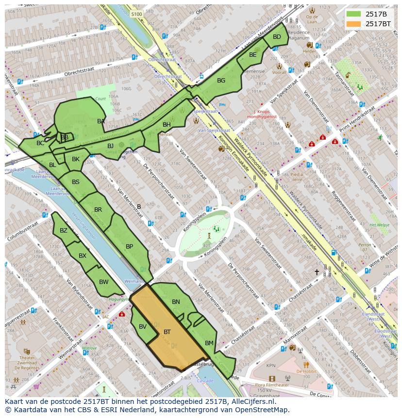 Afbeelding van het postcodegebied 2517 BT op de kaart.