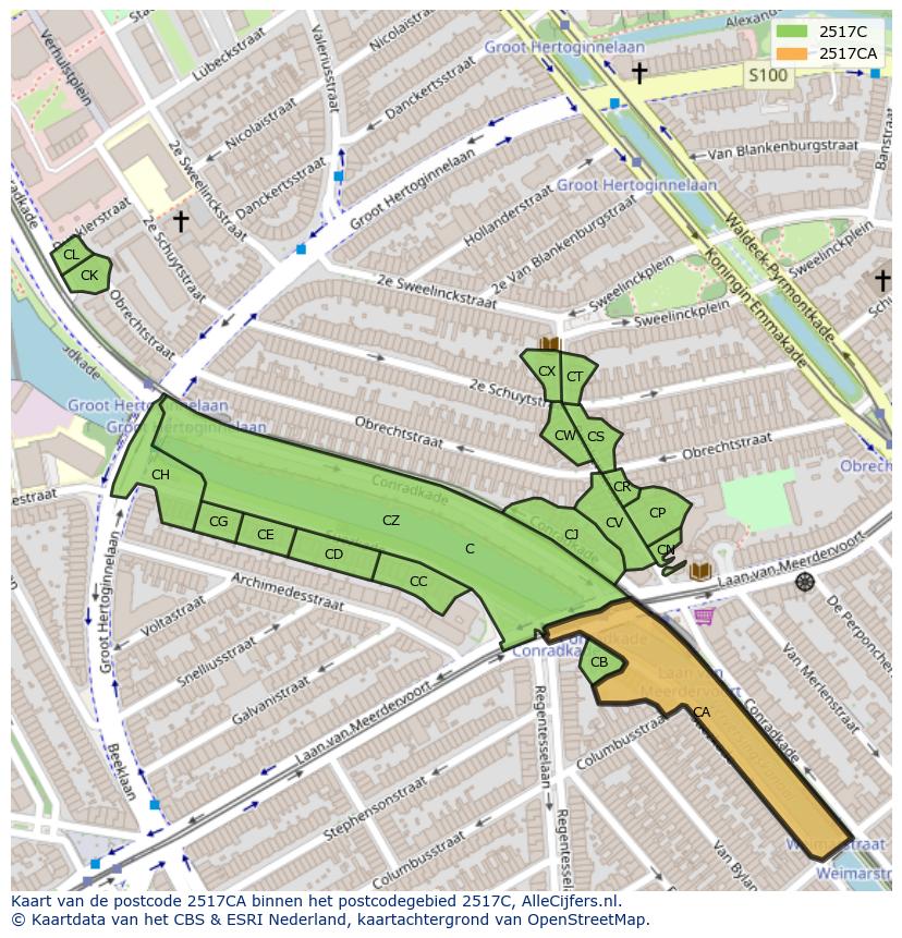 Afbeelding van het postcodegebied 2517 CA op de kaart.