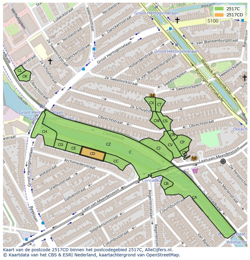 Afbeelding van het postcodegebied 2517 CD op de kaart.