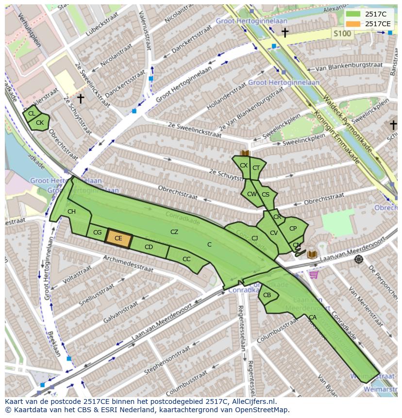 Afbeelding van het postcodegebied 2517 CE op de kaart.