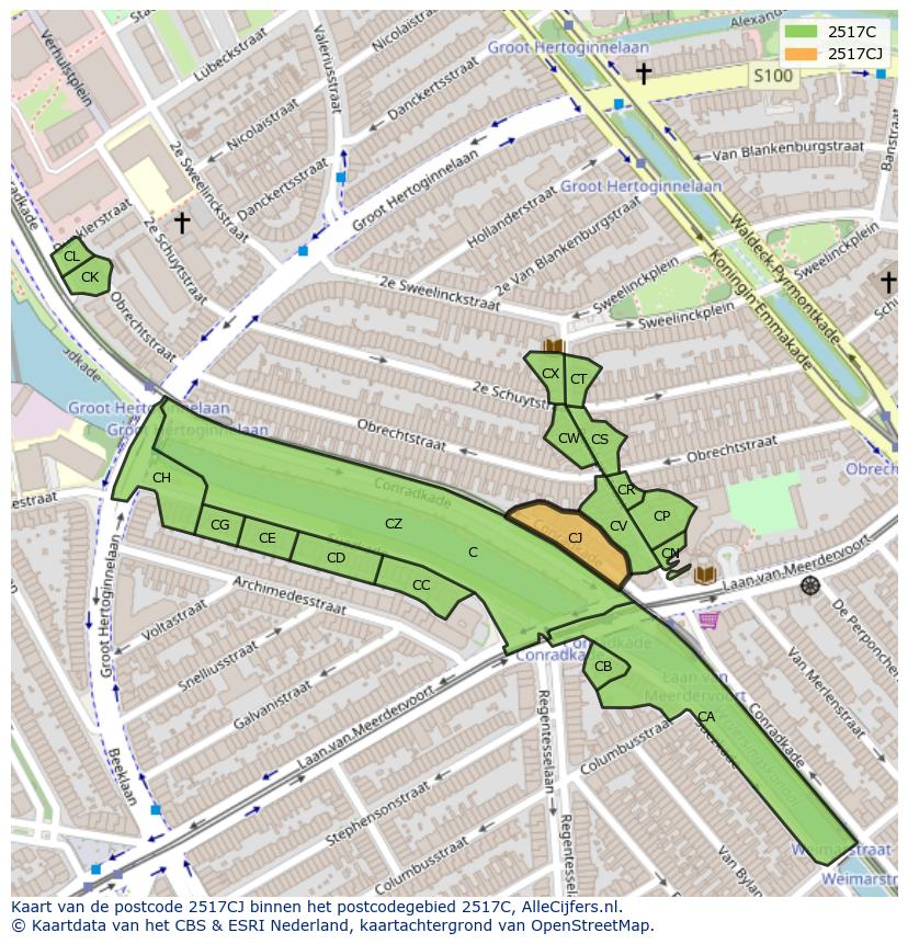 Afbeelding van het postcodegebied 2517 CJ op de kaart.