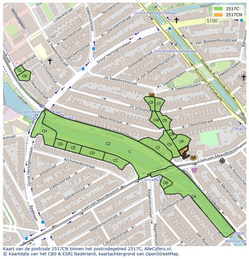Afbeelding van het postcodegebied 2517 CN op de kaart.