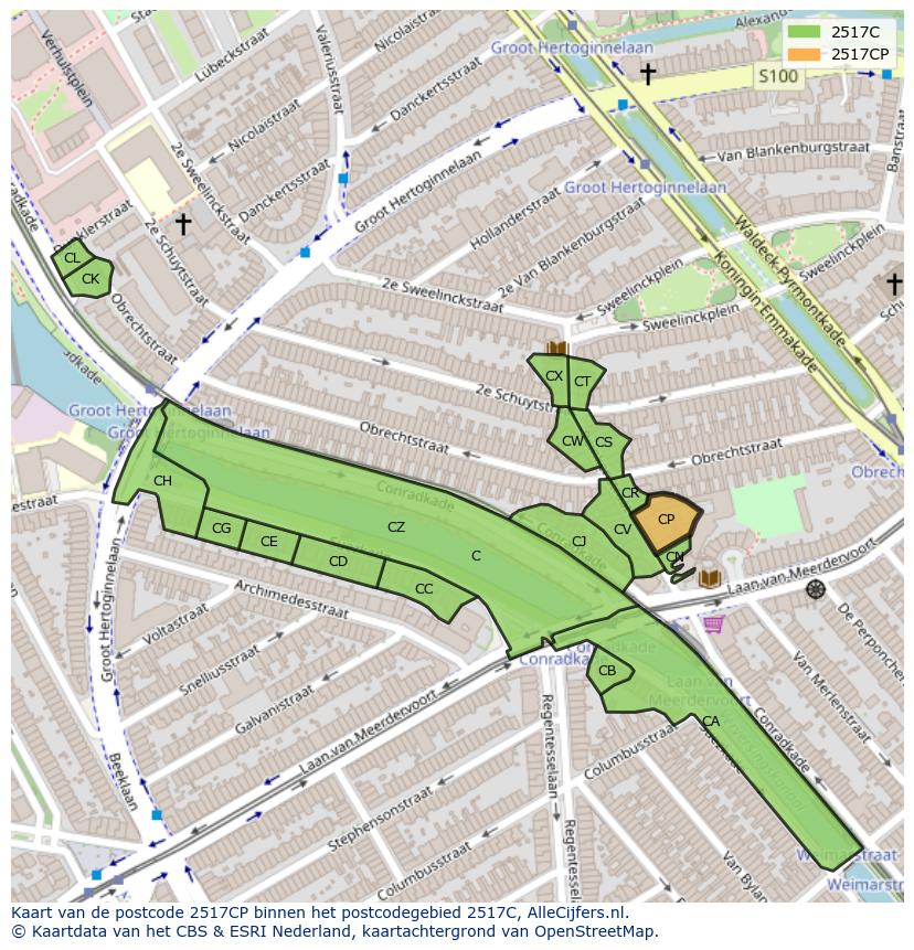 Afbeelding van het postcodegebied 2517 CP op de kaart.