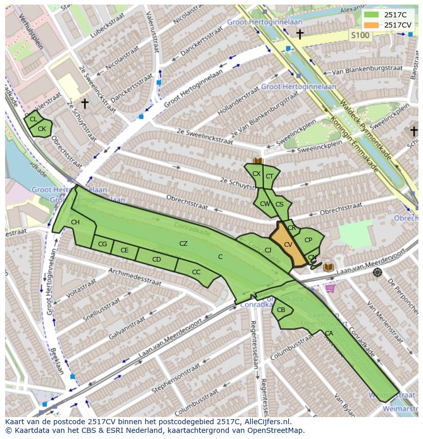 Afbeelding van het postcodegebied 2517 CV op de kaart.
