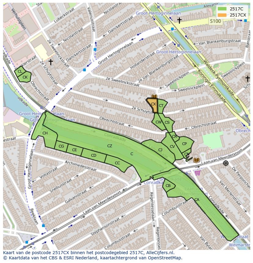 Afbeelding van het postcodegebied 2517 CX op de kaart.