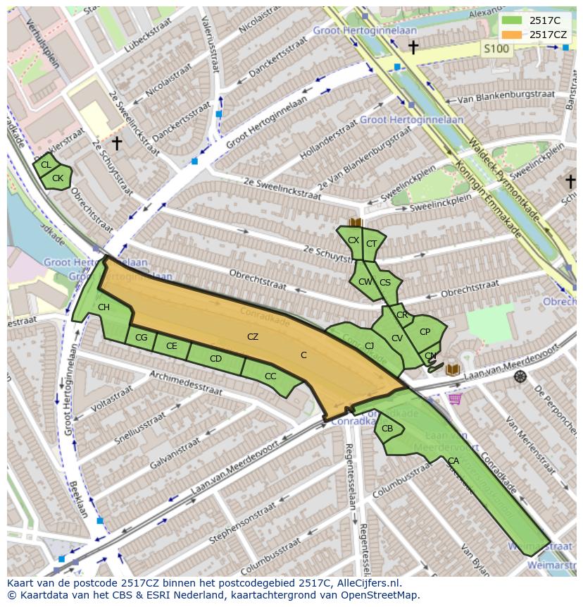 Afbeelding van het postcodegebied 2517 CZ op de kaart.