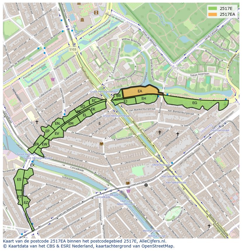 Afbeelding van het postcodegebied 2517 EA op de kaart.