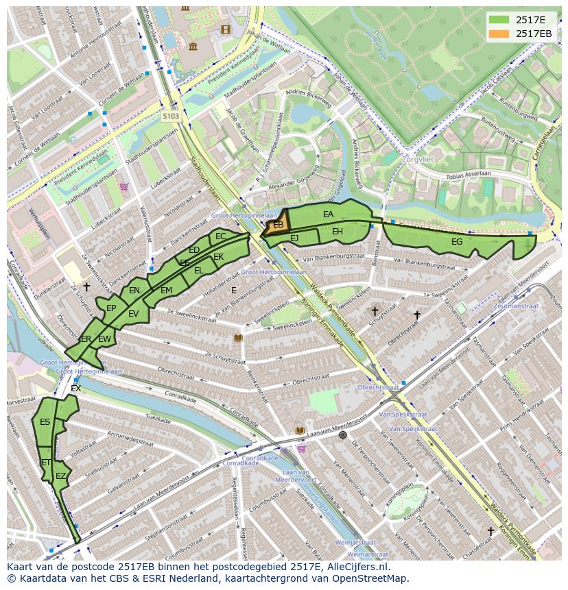 Afbeelding van het postcodegebied 2517 EB op de kaart.