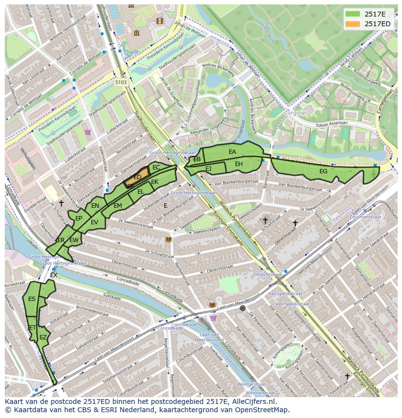 Afbeelding van het postcodegebied 2517 ED op de kaart.