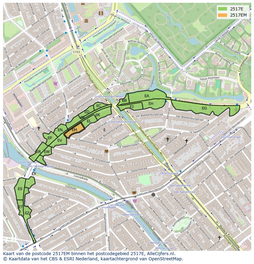 Afbeelding van het postcodegebied 2517 EM op de kaart.