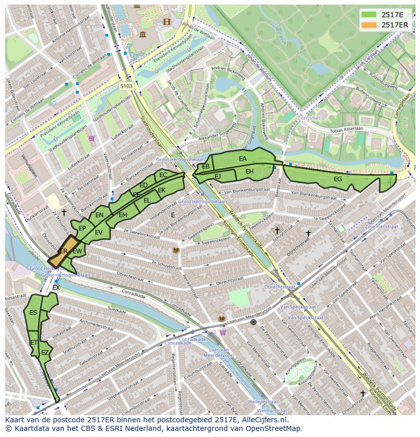 Afbeelding van het postcodegebied 2517 ER op de kaart.