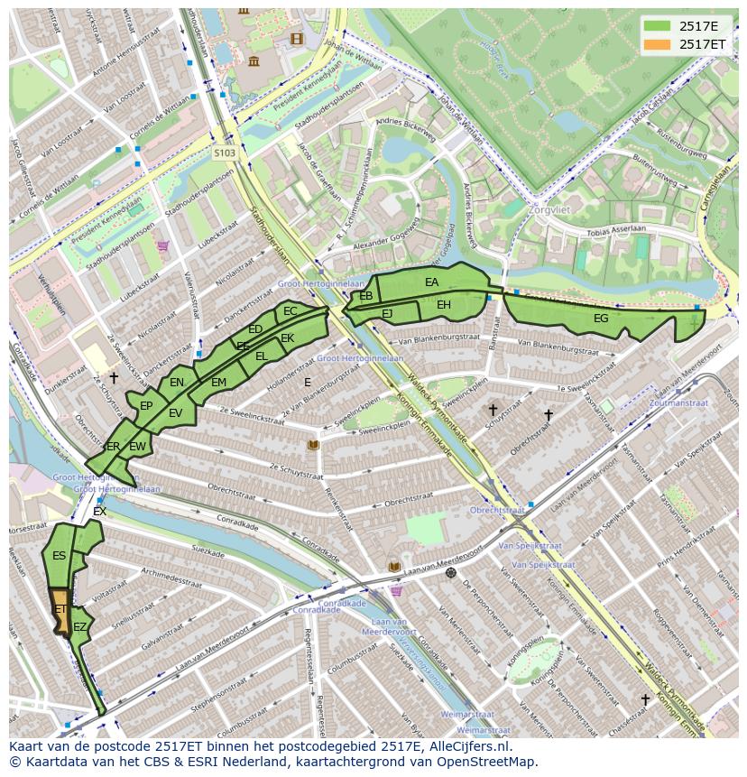 Afbeelding van het postcodegebied 2517 ET op de kaart.