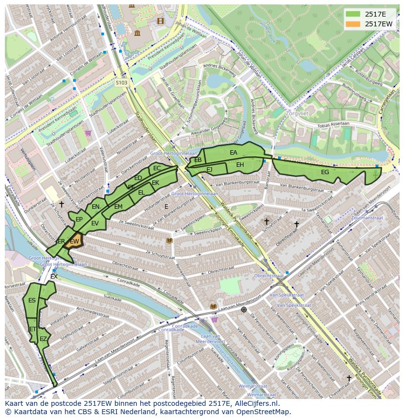 Afbeelding van het postcodegebied 2517 EW op de kaart.