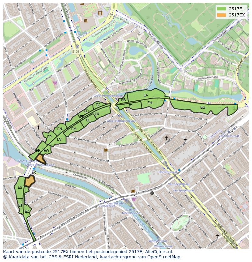 Afbeelding van het postcodegebied 2517 EX op de kaart.