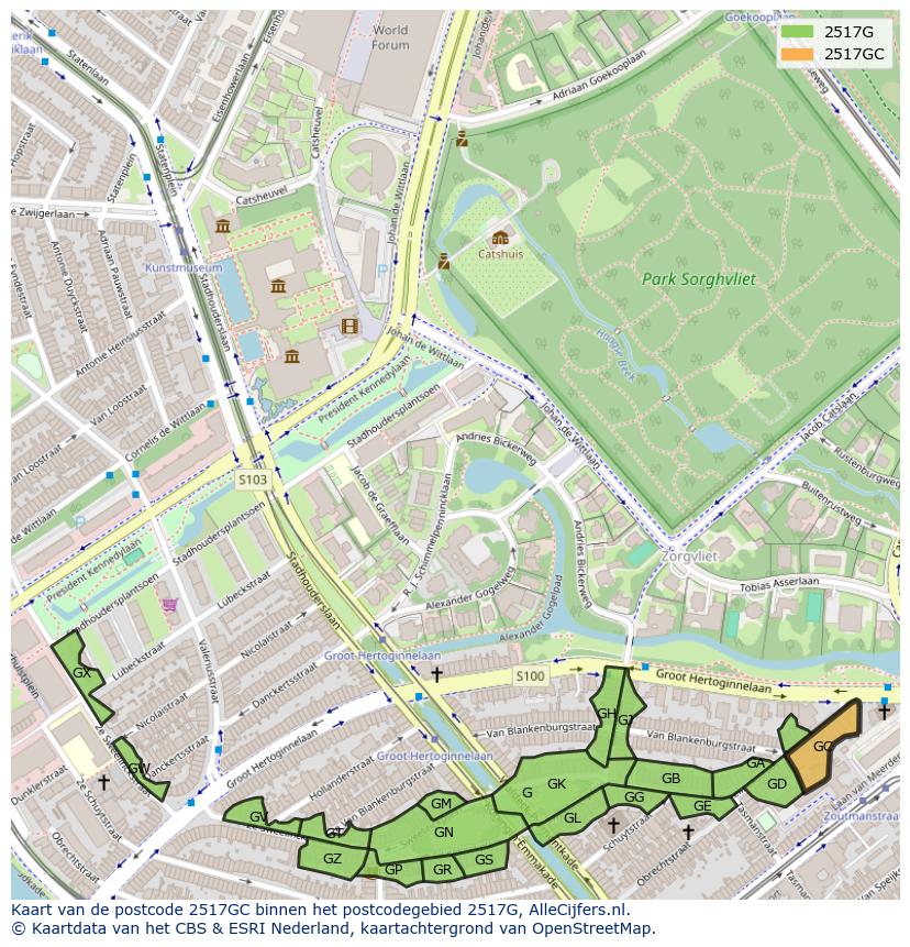 Afbeelding van het postcodegebied 2517 GC op de kaart.