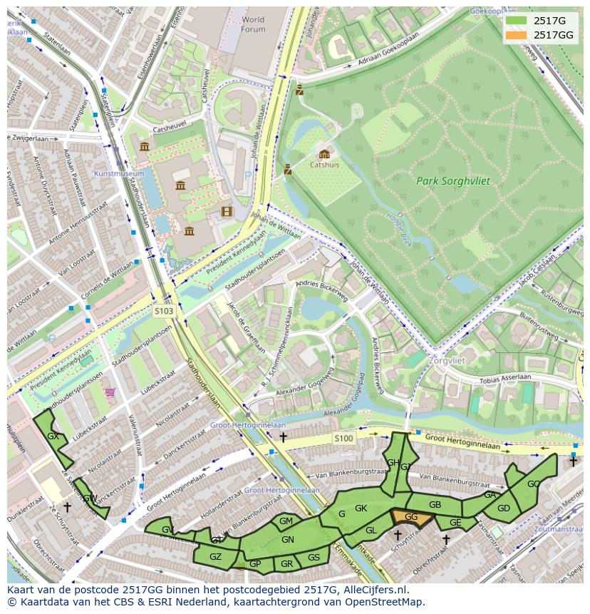 Afbeelding van het postcodegebied 2517 GG op de kaart.
