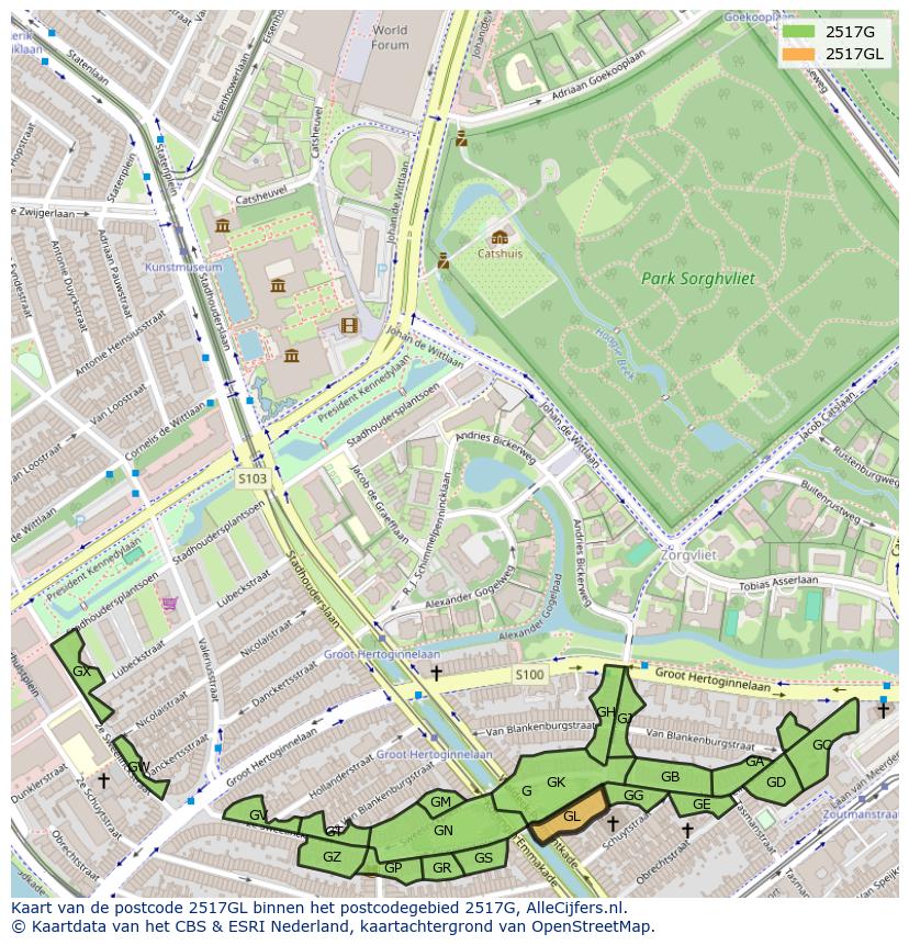 Afbeelding van het postcodegebied 2517 GL op de kaart.