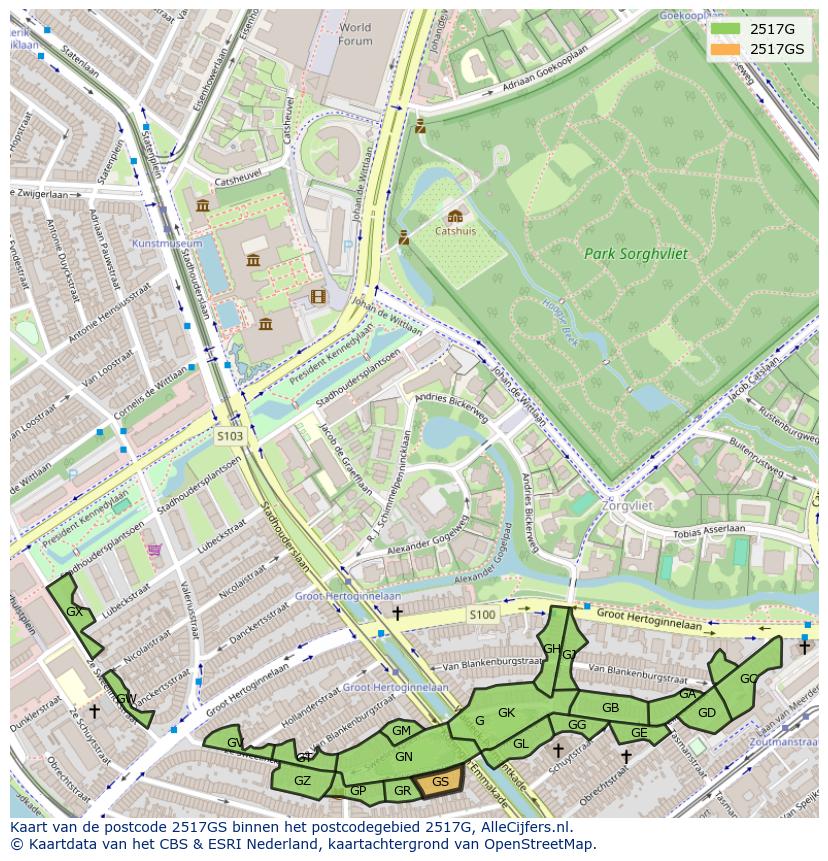 Afbeelding van het postcodegebied 2517 GS op de kaart.