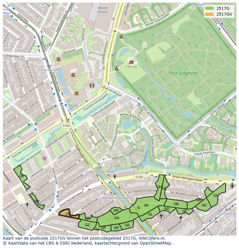 Afbeelding van het postcodegebied 2517 GV op de kaart.