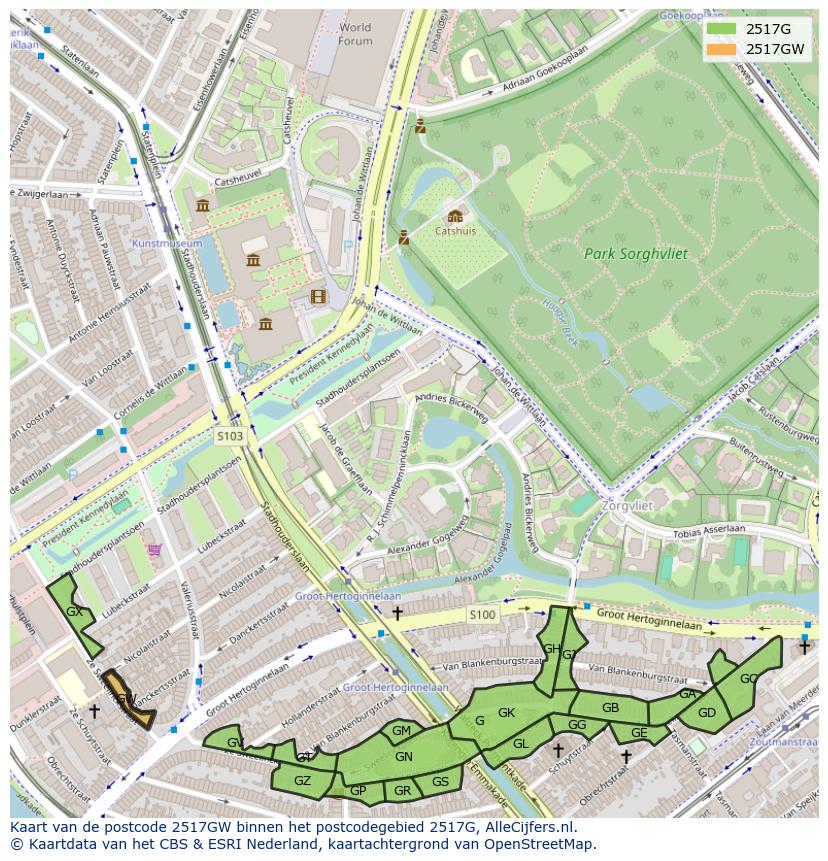 Afbeelding van het postcodegebied 2517 GW op de kaart.