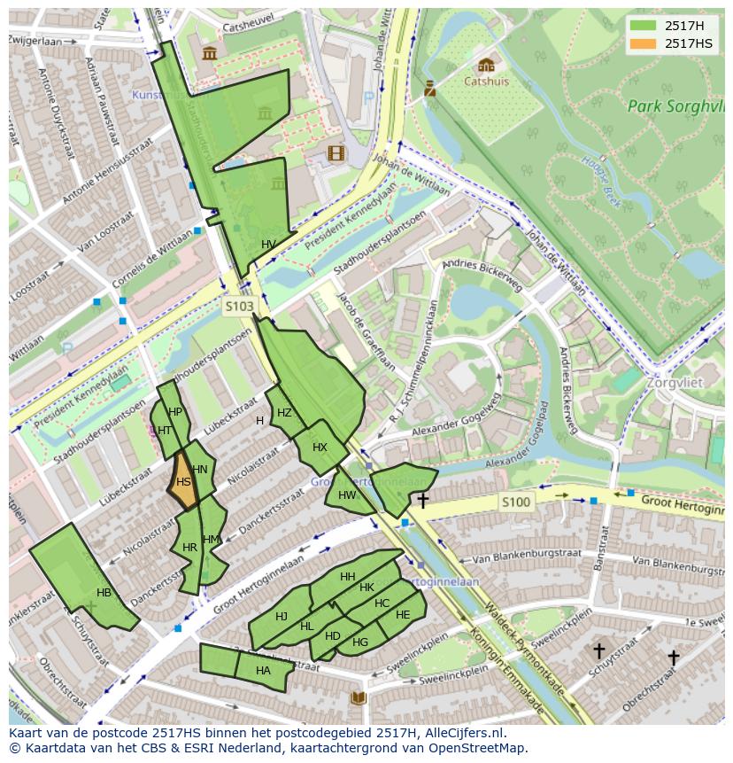 Afbeelding van het postcodegebied 2517 HS op de kaart.