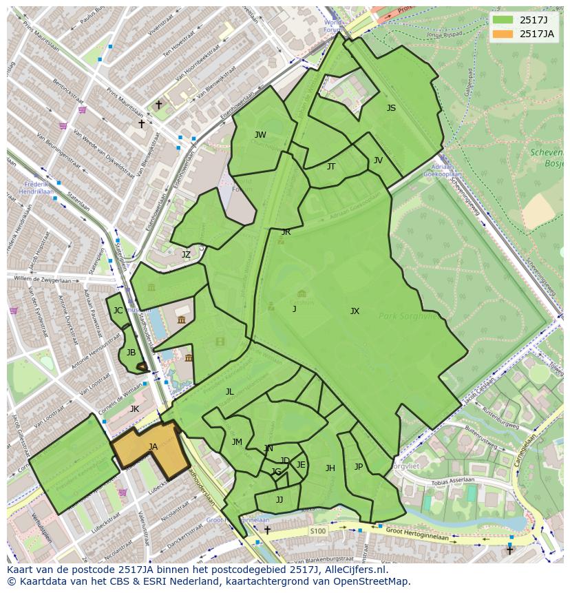Afbeelding van het postcodegebied 2517 JA op de kaart.