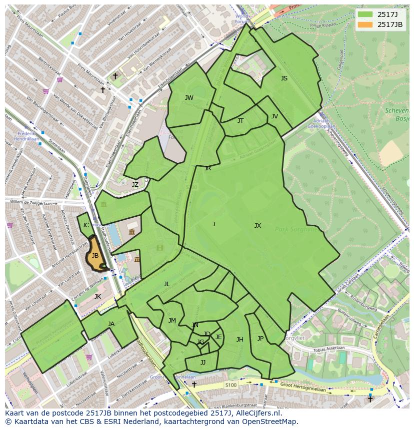 Afbeelding van het postcodegebied 2517 JB op de kaart.