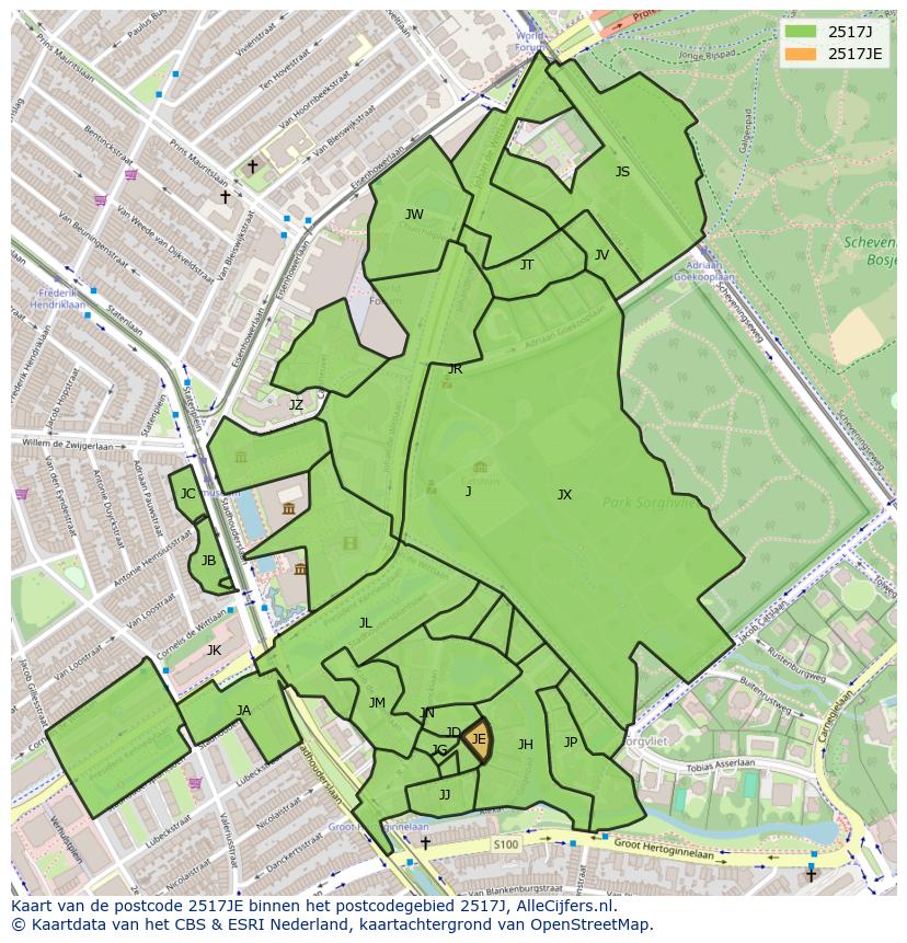 Afbeelding van het postcodegebied 2517 JE op de kaart.