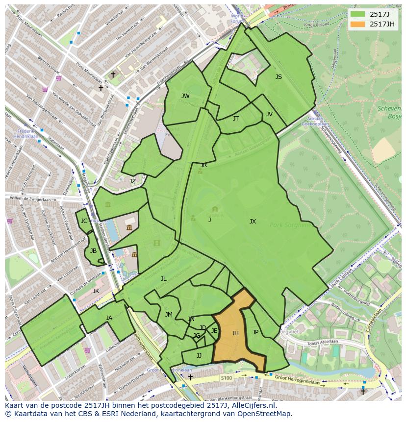 Afbeelding van het postcodegebied 2517 JH op de kaart.