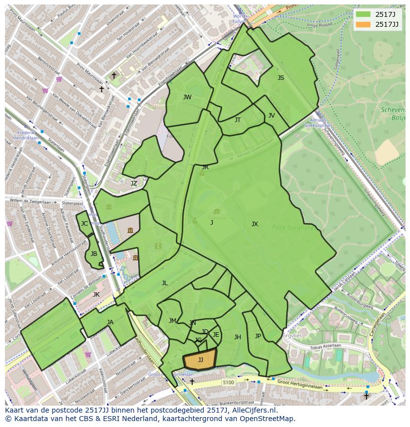 Afbeelding van het postcodegebied 2517 JJ op de kaart.