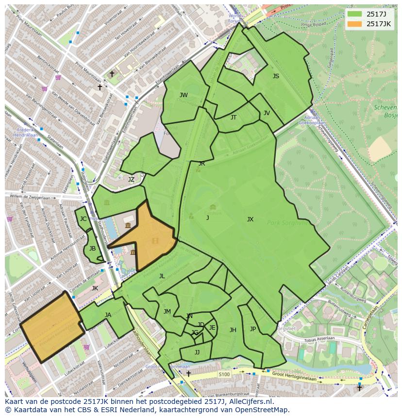 Afbeelding van het postcodegebied 2517 JK op de kaart.