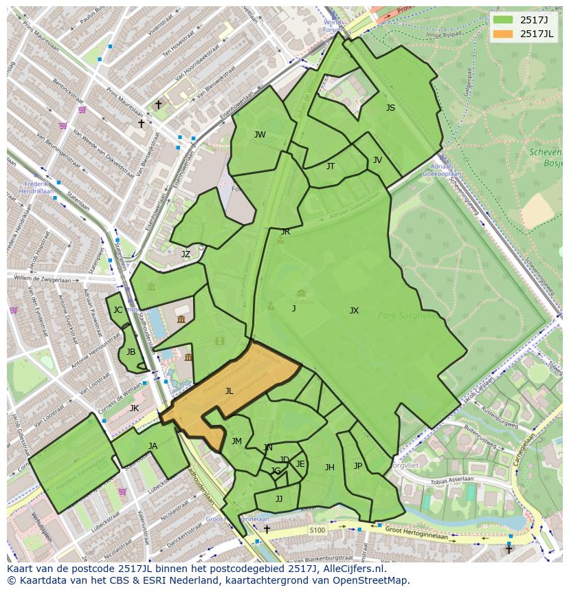 Afbeelding van het postcodegebied 2517 JL op de kaart.