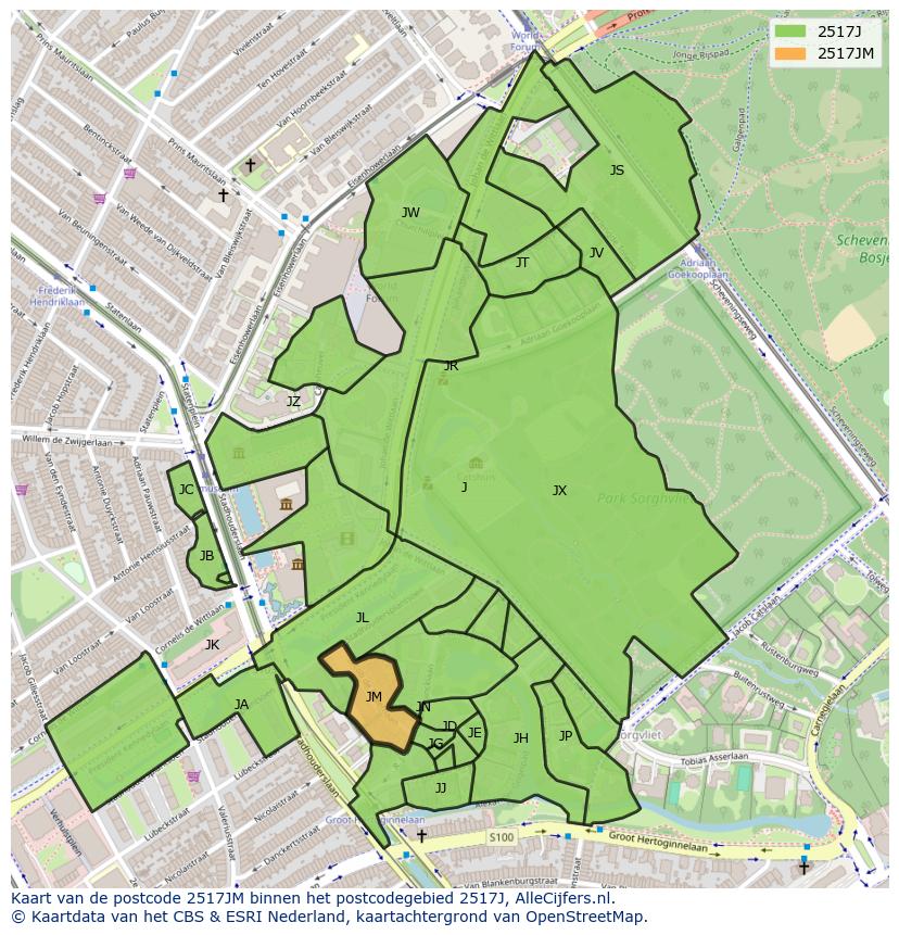 Afbeelding van het postcodegebied 2517 JM op de kaart.